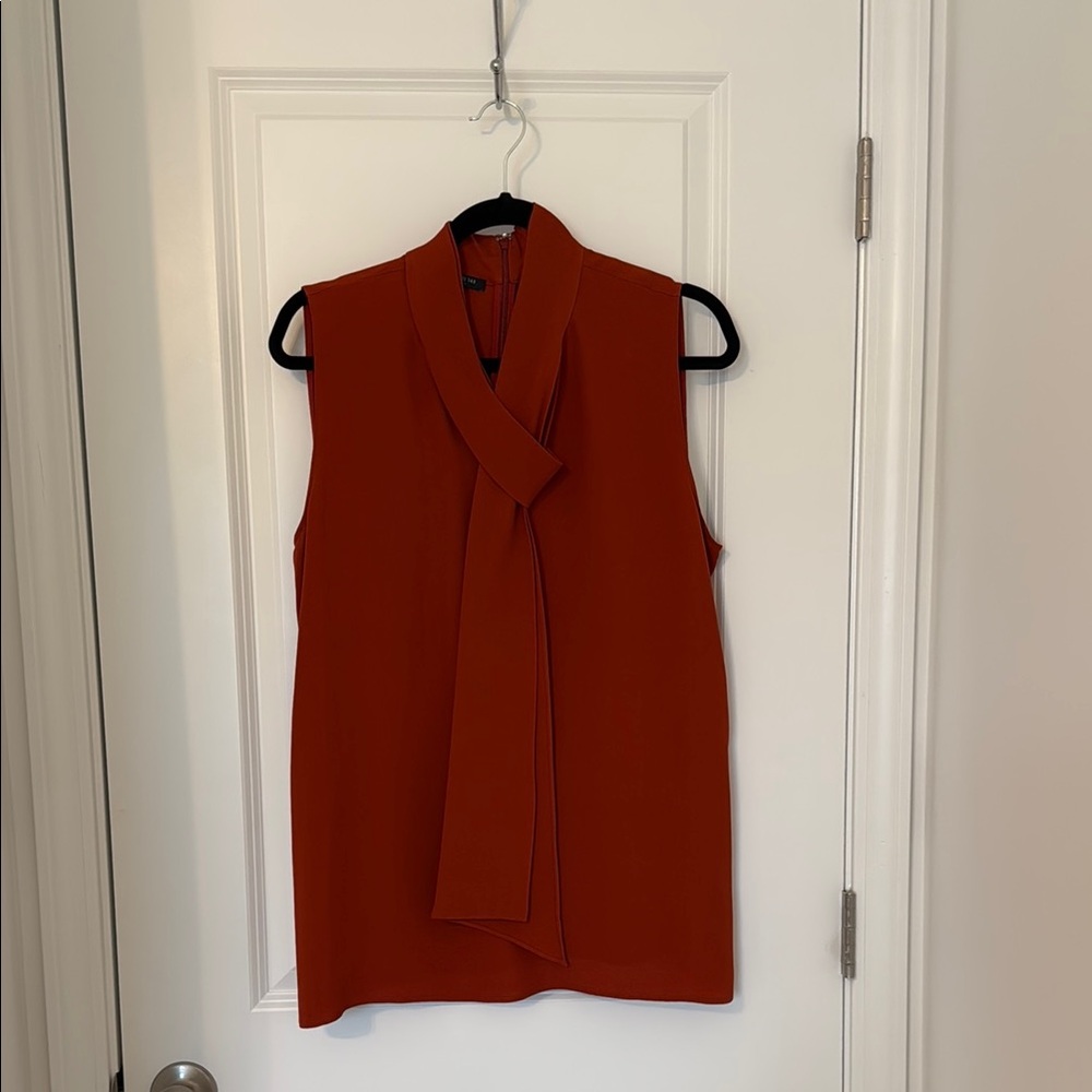 Lafayette 148 100% Silk Tie-Neck Sleeveless Blouse Rust Orange Size Large